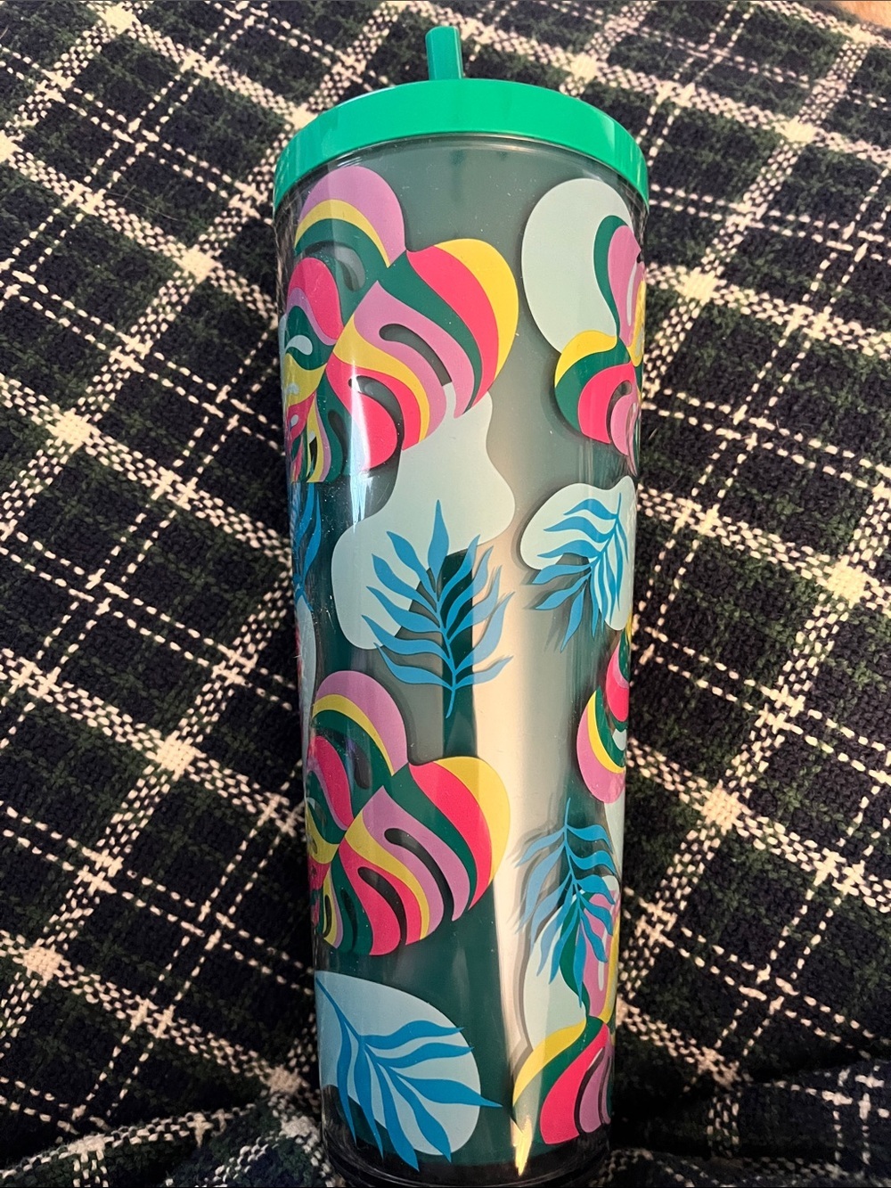 Teal Leaf-Print Reusable Tumbler with Lid and Straw NEW